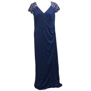 Xscape Maxi Dress Size Large Metallic Lace Navy Blue Ruched Gown